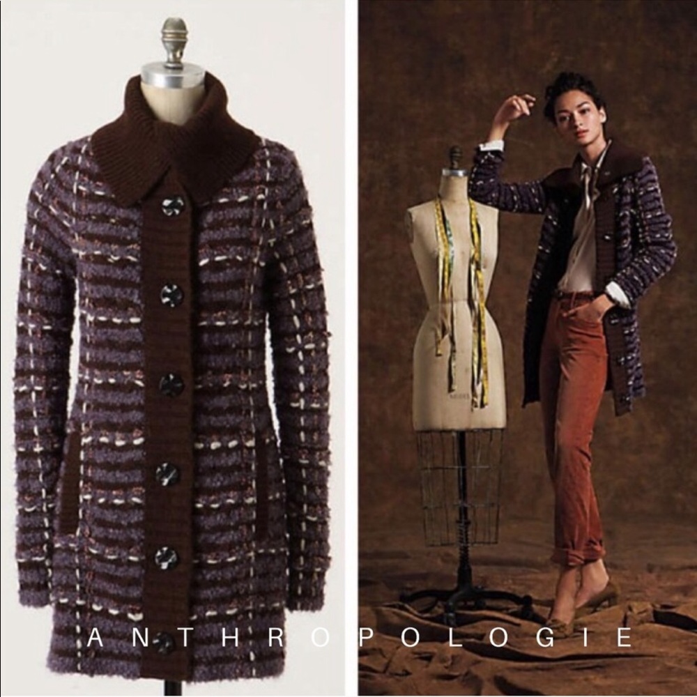 Anthropologie Brown and Purple Knit Button-Front Coat